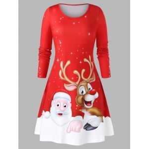 

Plus Size A Line Christmas Long Sleeve Printed Dress, Lava red