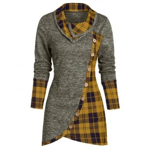 

Plaid Print Mock Button Overlap Tunic T-shirt, Yellow