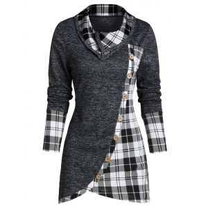 

Plaid Print Mock Button Overlap Tunic T-shirt, Dark slate grey