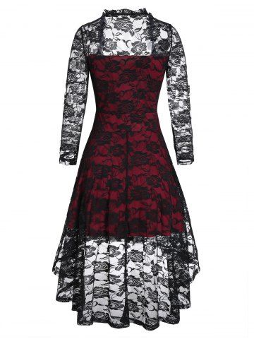

Long Sleeve Ruffle High Low Flower Lace Dress, Black