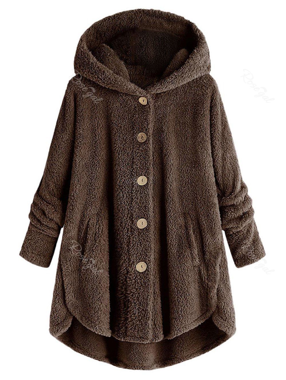 

Plus Size Hooded Fluffy High Low Teddy Coat, Brown