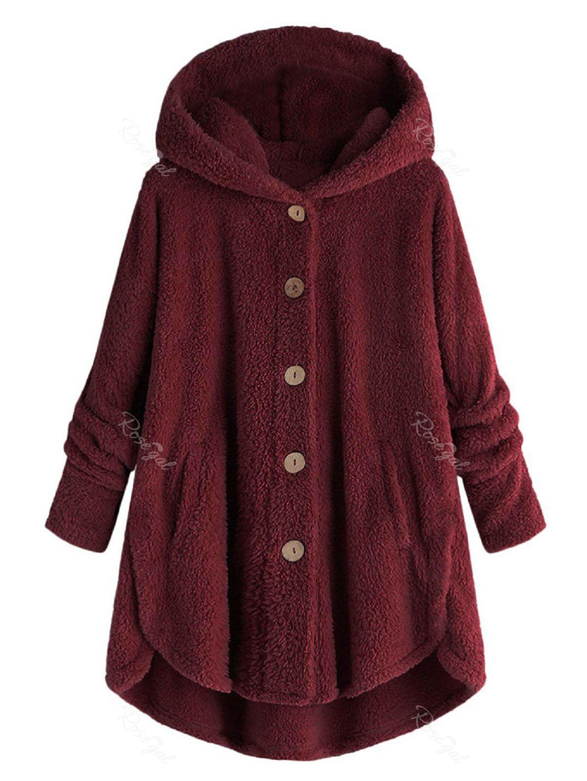 

Plus Size Hooded Fluffy High Low Teddy Coat, Red