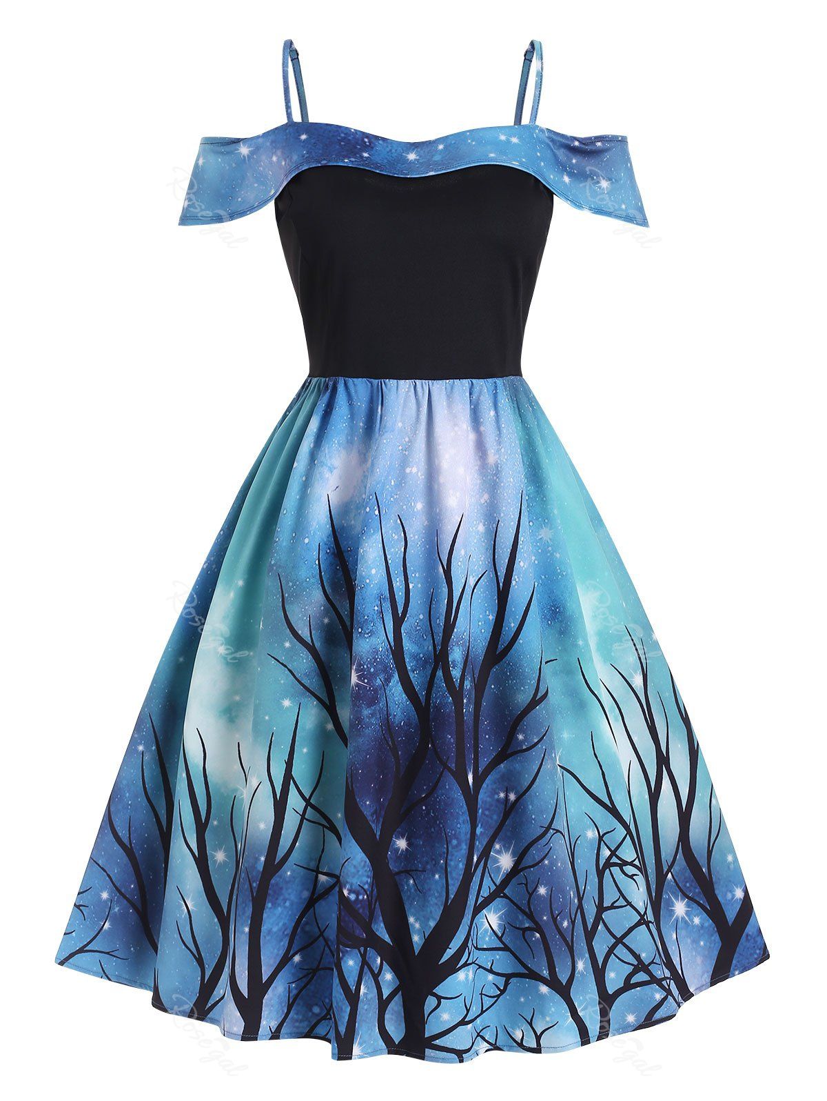 

Plus Size Handkerchief 3D Galaxy Tree Print Dress, Phantom green