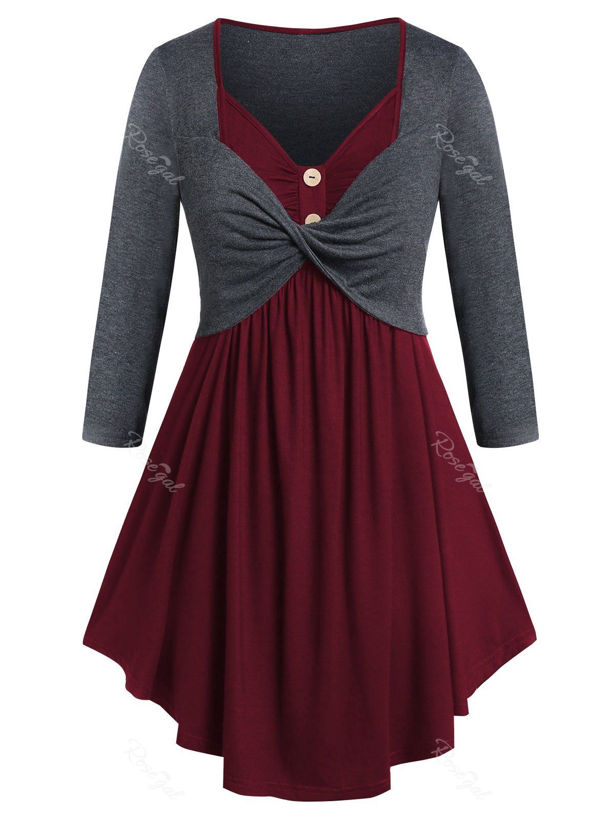 

Plus Size Two Tone Sweetheart Collar Tunic T Shirt, Red wine