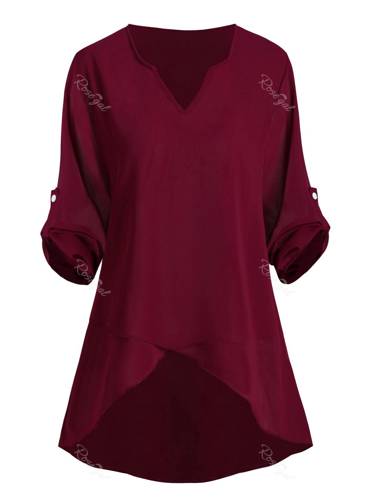 

Buttoned Sleeve Tabs High Low V Neck Plus Size Blouse, Red wine