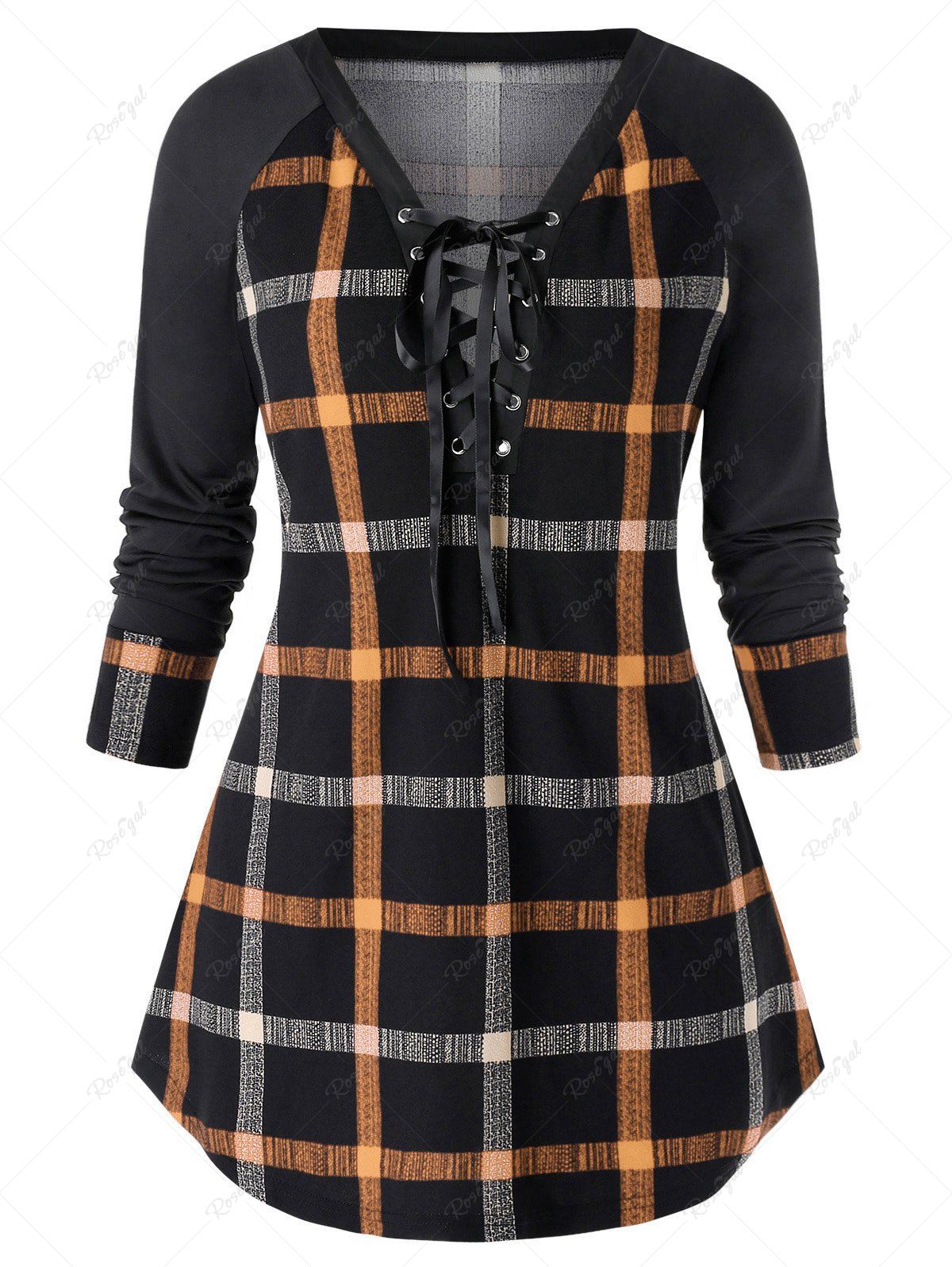 

Plus Size Raglan Sleeve Checked Tunic Sweatshirt, Tiger orange