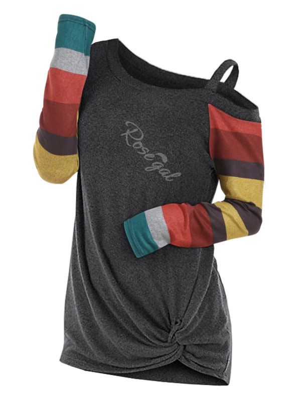 

Plus Size Skew Neck Colorblock Sleeve Twist T Shirt, Gray