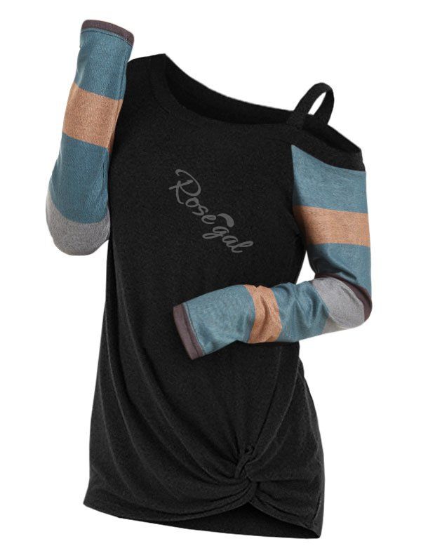 

Plus Size Skew Neck Colorblock Sleeve Twist T Shirt, Blue