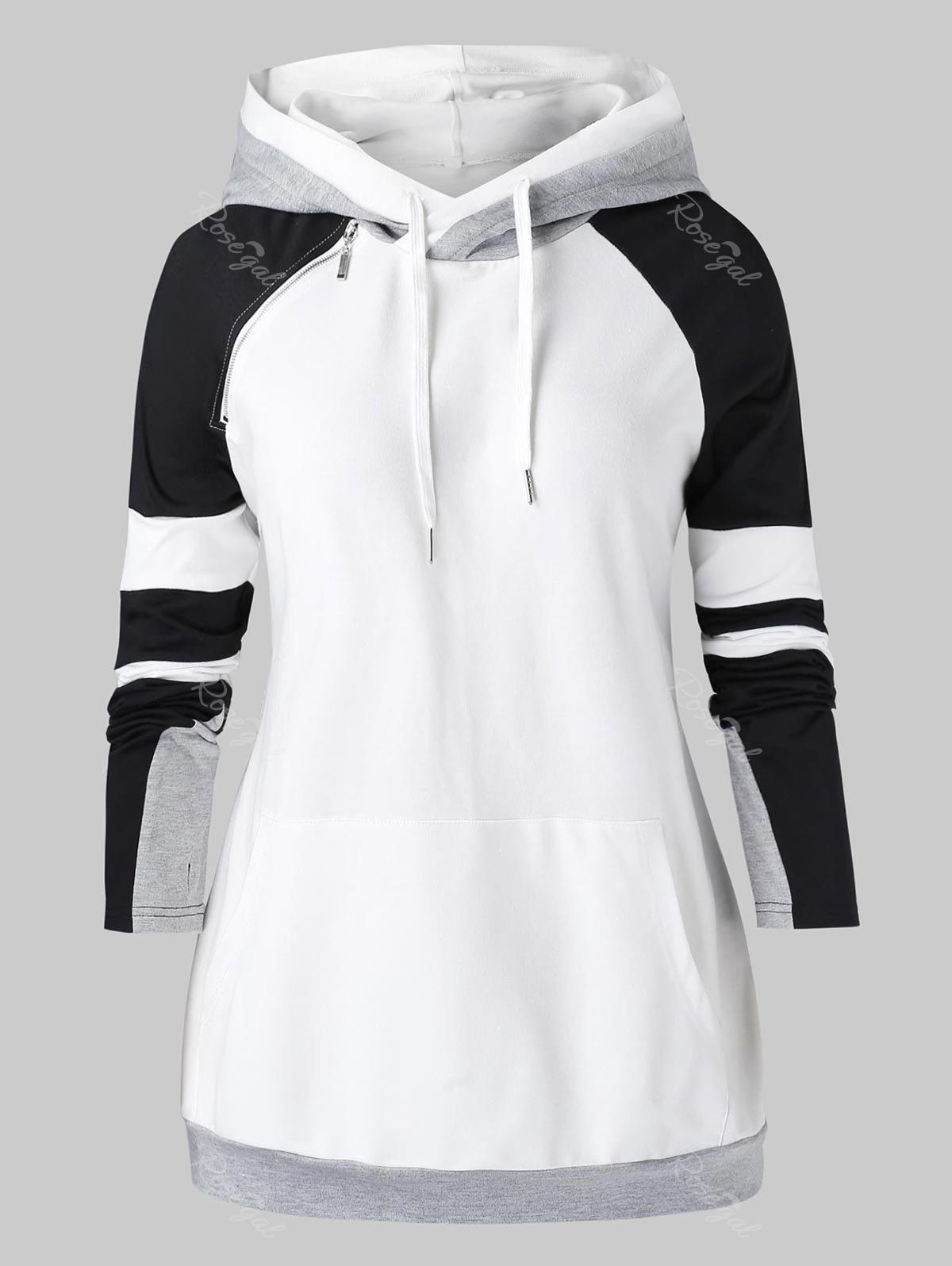 

Plus Size Patchwork Stripe Pocket Glove Hoodie, White