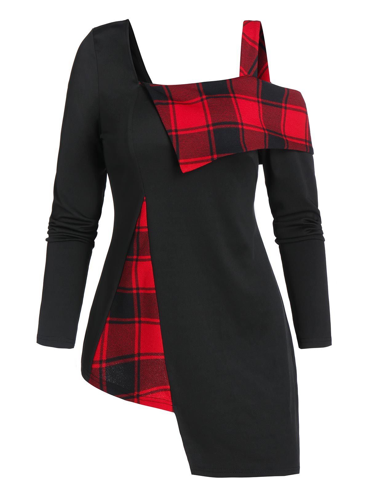 

Square Collar Checked Panel Asymmetric Sweatshirt, Red