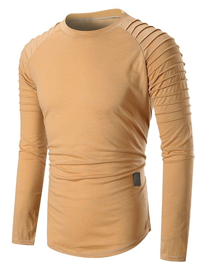 

Pleated Raglan Sleeve Curved Hem Long Sleeve T-shirt, Khaki