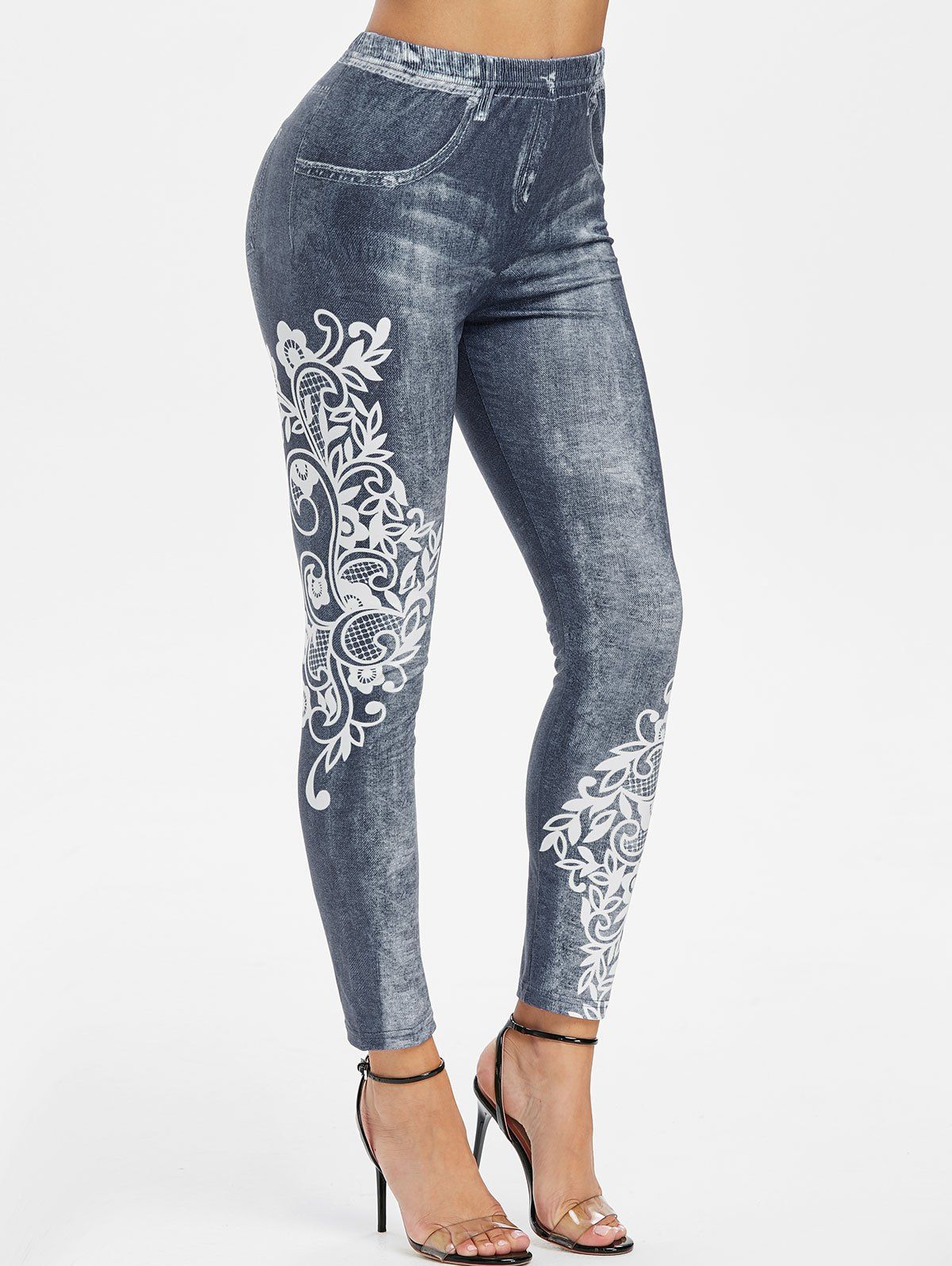 

3D Floral Print Elastic Waist Skinny Jeggings, Jet black