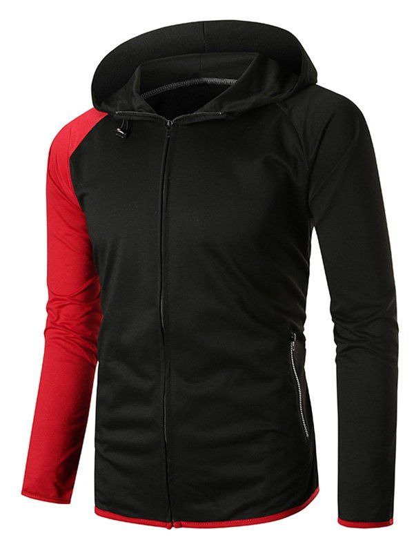 

Color Blocking Contrast Trim Raglan Sleeve Zip Up Hoodie, Black