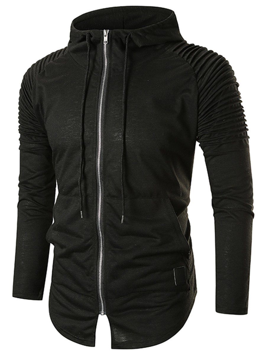 

Pleated Raglan Sleeve Solid Slit Zip Up Hoodie, Black