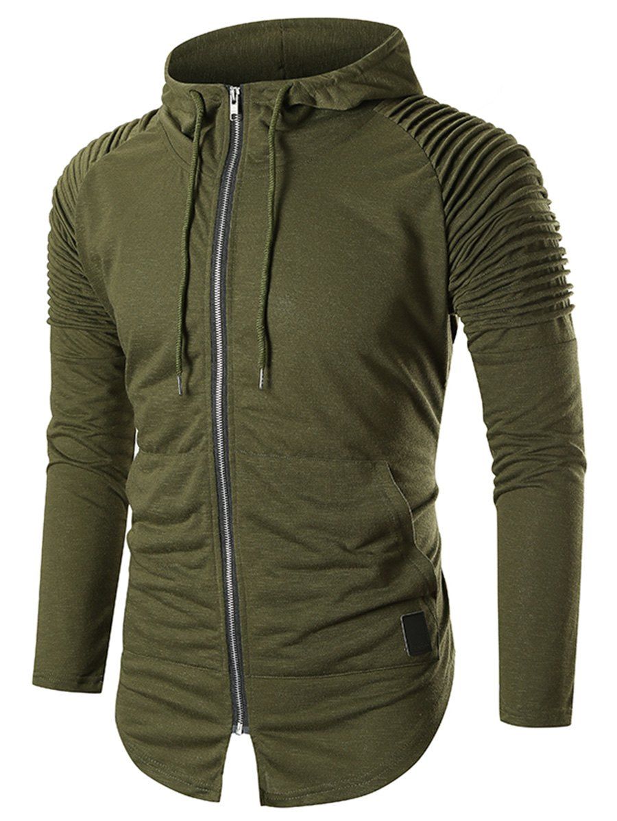 

Pleated Raglan Sleeve Solid Slit Zip Up Hoodie, Army green
