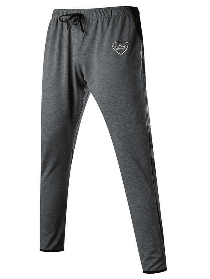 

Contrast Trim Zip-hem Crown Print Long Sport Pants, Dark gray