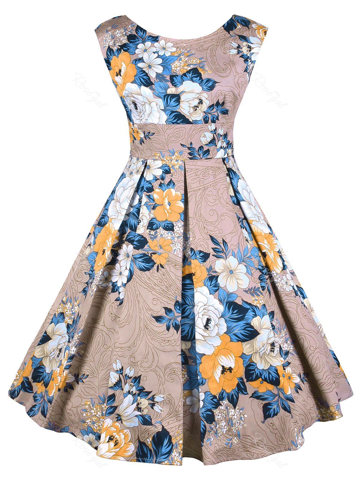 

Plus Size Floral V Back High Waisted Dress, Multi