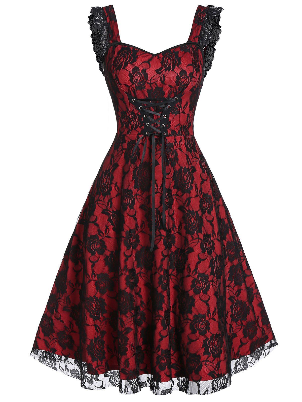 

Lace-up Fit And Flare Sweetheart Collar Rose Lace Dress, Multi-a