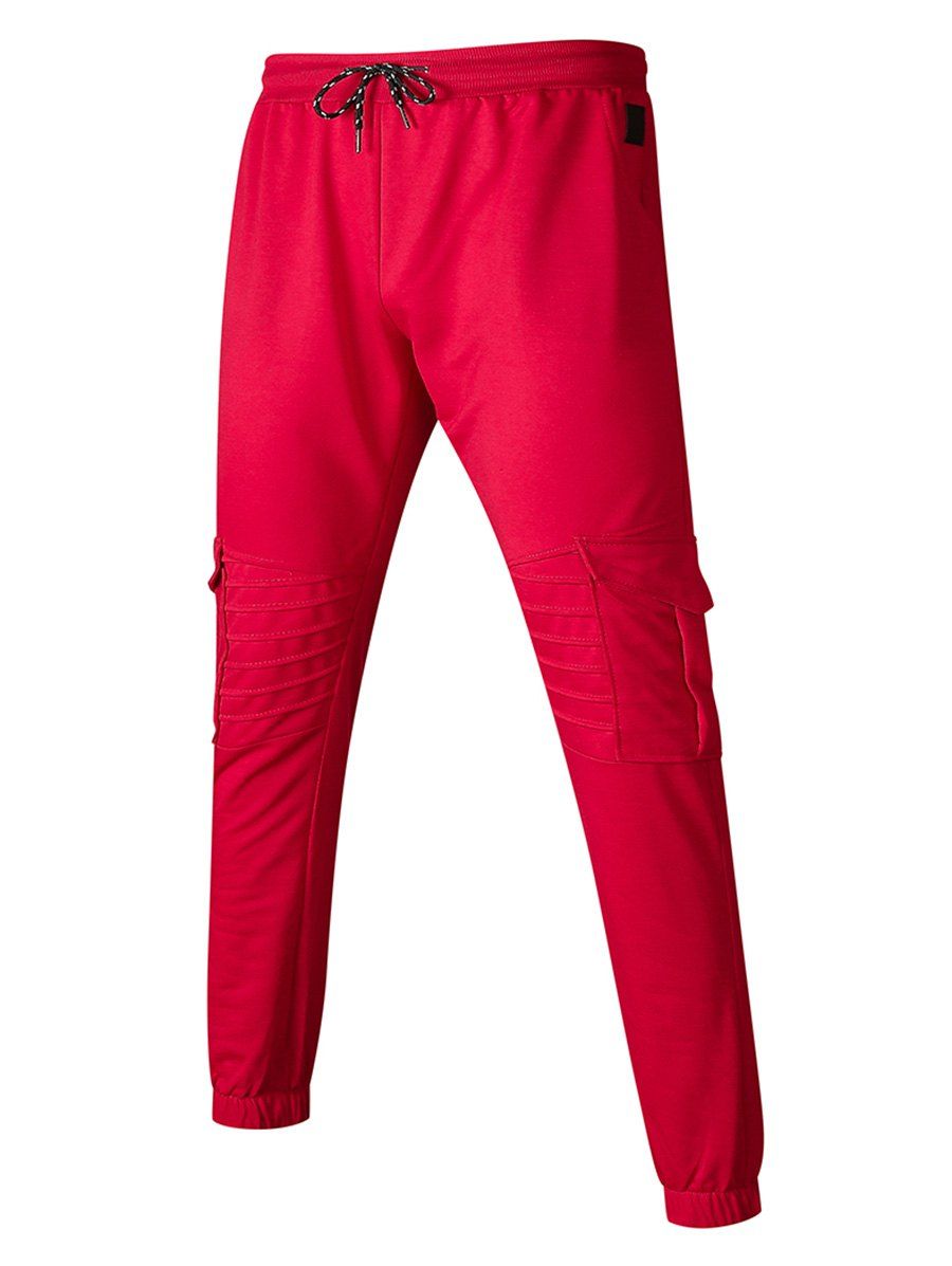 

Solid Pleated Pocket Spliced Drawstring Sport Jogger Pants, Red