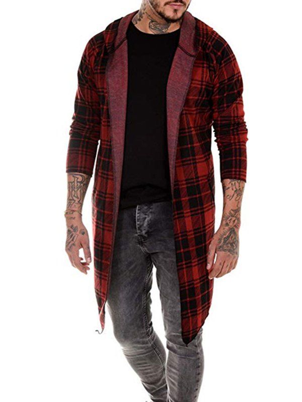 

Plaid Pattern Asymmetric Hooded Cardigan, Red wine