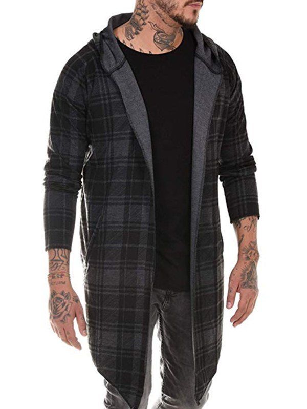 

Plaid Pattern Asymmetric Hooded Cardigan, Black