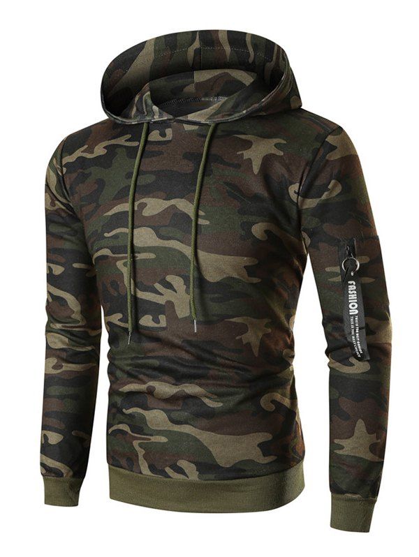 

Letter Ribbon Pocket Fleece Drawstring Hoodie, Camouflage green