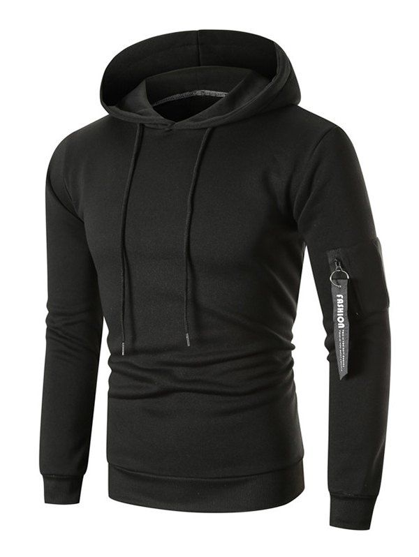 

Letter Ribbon Pocket Fleece Drawstring Hoodie, Black