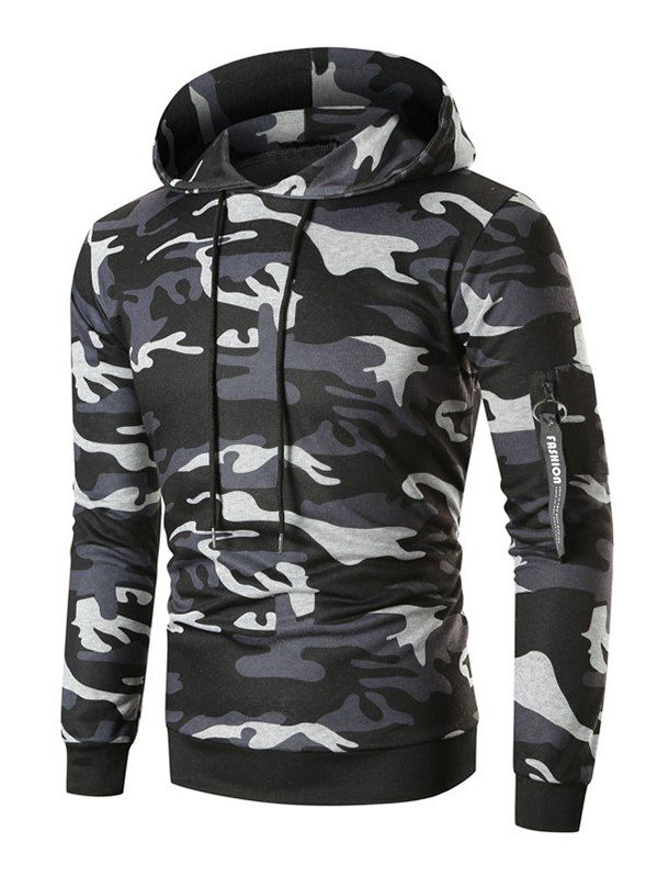 

Letter Ribbon Pocket Fleece Drawstring Hoodie, Snow camouflage
