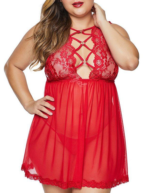 

Tie Back Lace Panel Sheer Mesh Plus Size Babydoll With T-back, Red