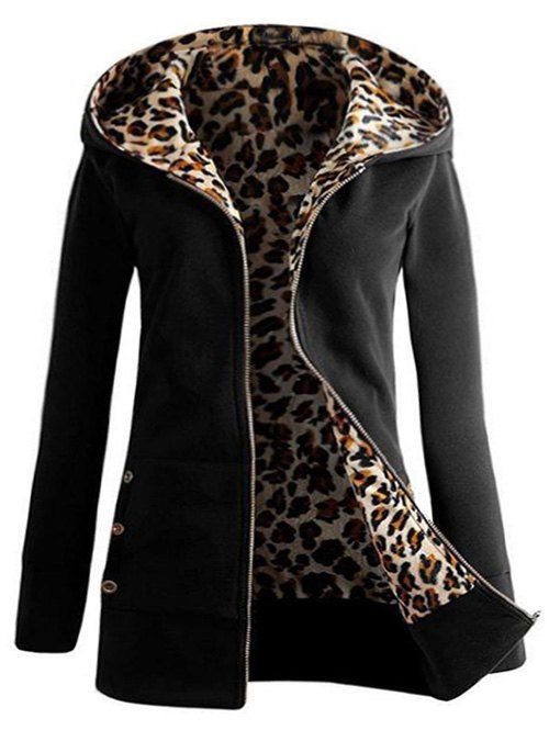 

Leopard Print Zip Up Longline Hoodie, Black