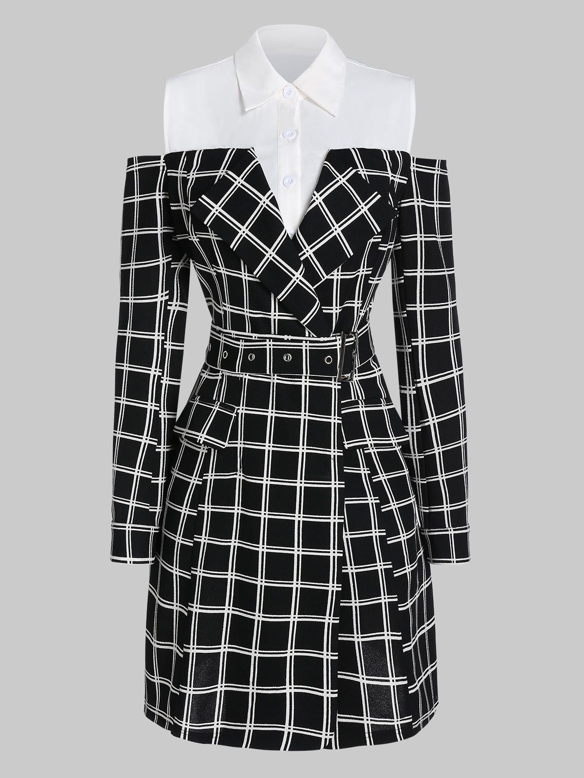 

Plaid Half Placket Open Shoulder Bodycon Belted Dress, Black