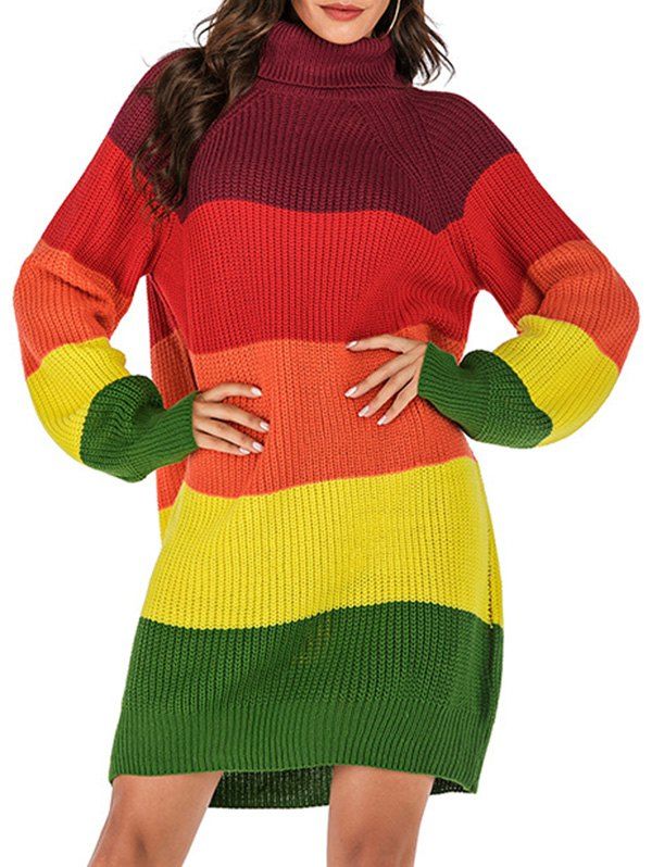 

Colorblock Turtleneck Mini Sweater Dress, Multi