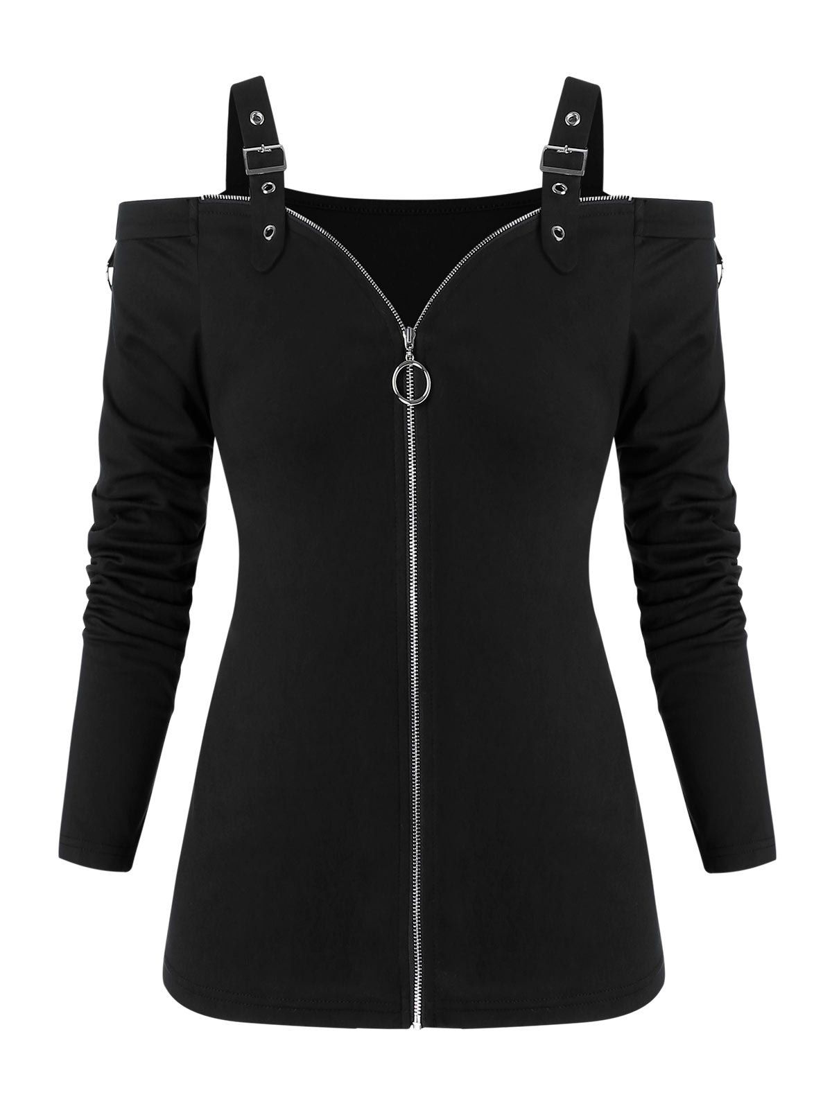 

Long Sleeve Cold Shoulder Buckle Strap Zip Up T-shirt, Black