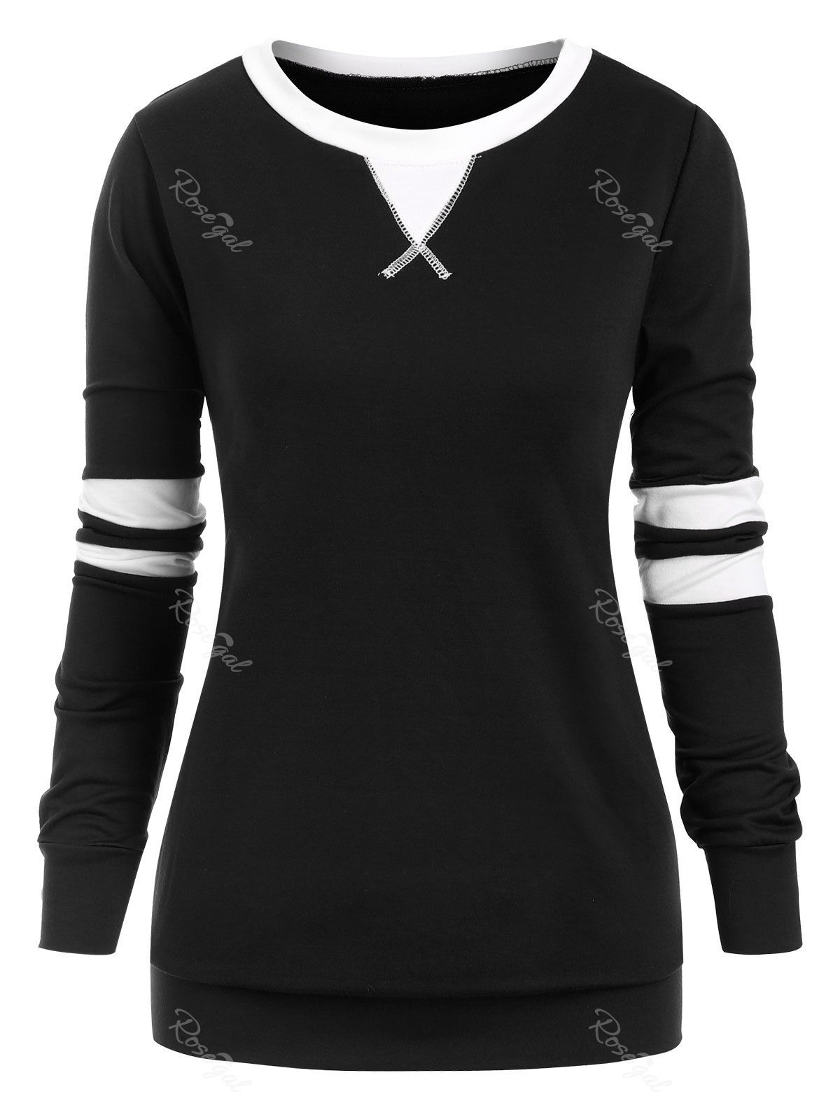 

Contrast Stitching Stripes Panel Pullover Plus Size Sweatshirt, Black