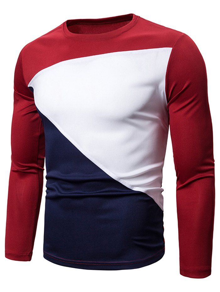 

Color Blocking Spliced Long Sleeve T-shirt, Red wine
