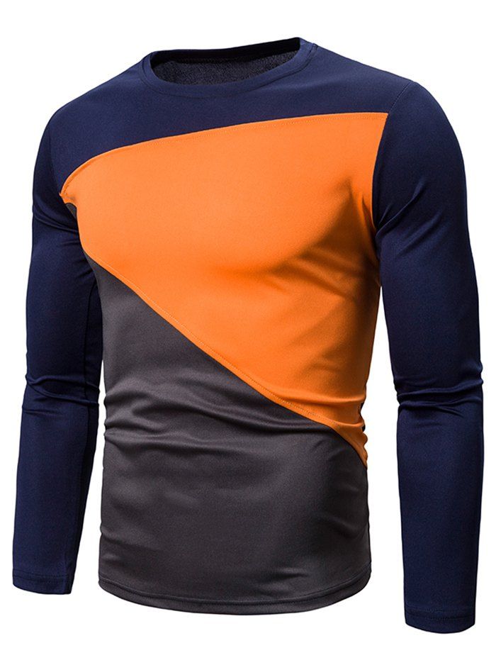 

Color Blocking Spliced Long Sleeve T-shirt, Cadetblue