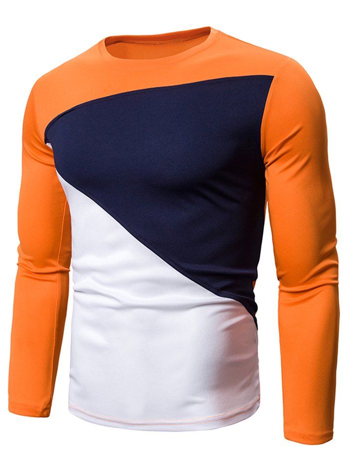 

Color Blocking Spliced Long Sleeve T-shirt, Orange