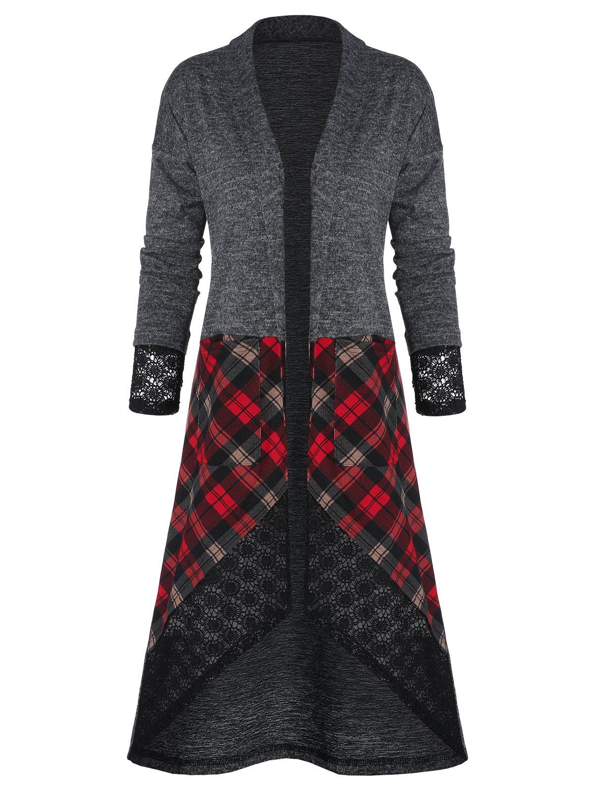 

Lace Insert Plaid Print Double Pockets High Low Coat, Multi-a