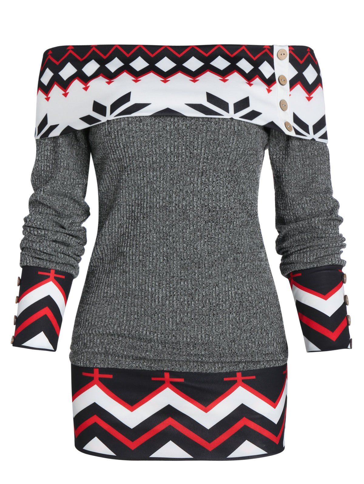 

Off Shoulder Geometric Foldover Knit Sweater, Gray