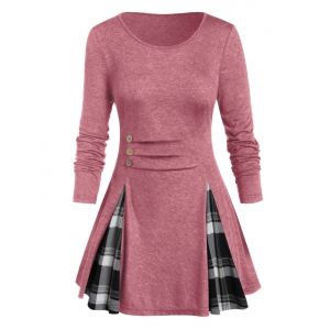 

Plus Size Plaid Panel Buttoned A Line Tunic Tee, Watermelon pink