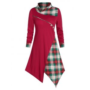 

Asymmetrical Plaid Buttons Midi Dress, Red wine