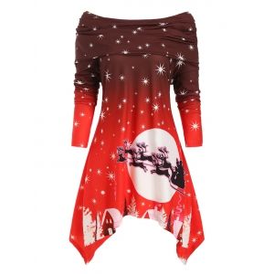 

Plus Size Christmas Off Shoulder Foldover Printed Dress, Red