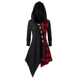 

Plus Size Hooded Asymmetric Mock Buttons Plaid Coat, Black