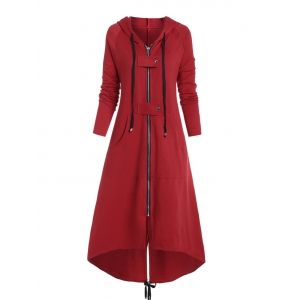 

Plus Size Buckle Front Pocket High Low Long Coat, Red