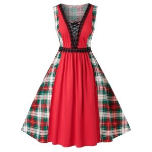 

Plus Size Vintage Low Cut Lace Up Plaid Pin Up Dress, Multi a