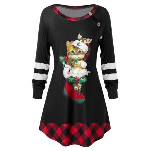 

Plus Size Christmas Funny Cat Plaid Raglan Sleeve Tunic Tee, Multi