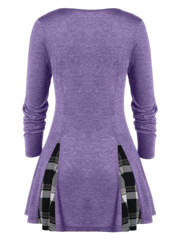 

Plus Size Plaid Panel Buttoned A Line Tunic Tee, Purple mimosa