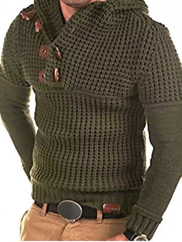Horn Button Decoration Pullover Sweater - ARMY GREEN - XS