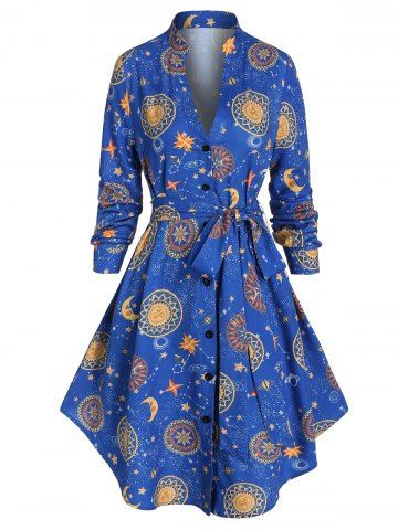 Sun Moon Print Belted Long Shirt