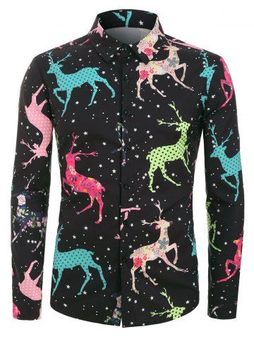 

Plus Size Christmas Elk Print Button Up Long Sleeve Shirt, Multi